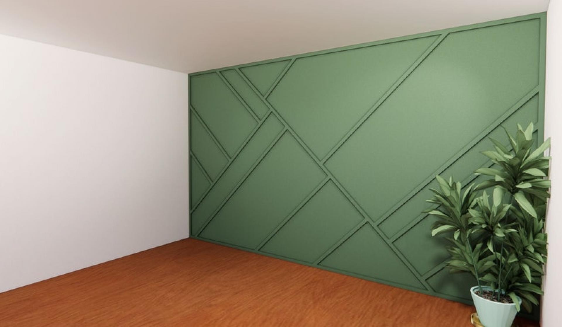 Perete verde sălviu cu profile geometrice diagonale din poliuretan