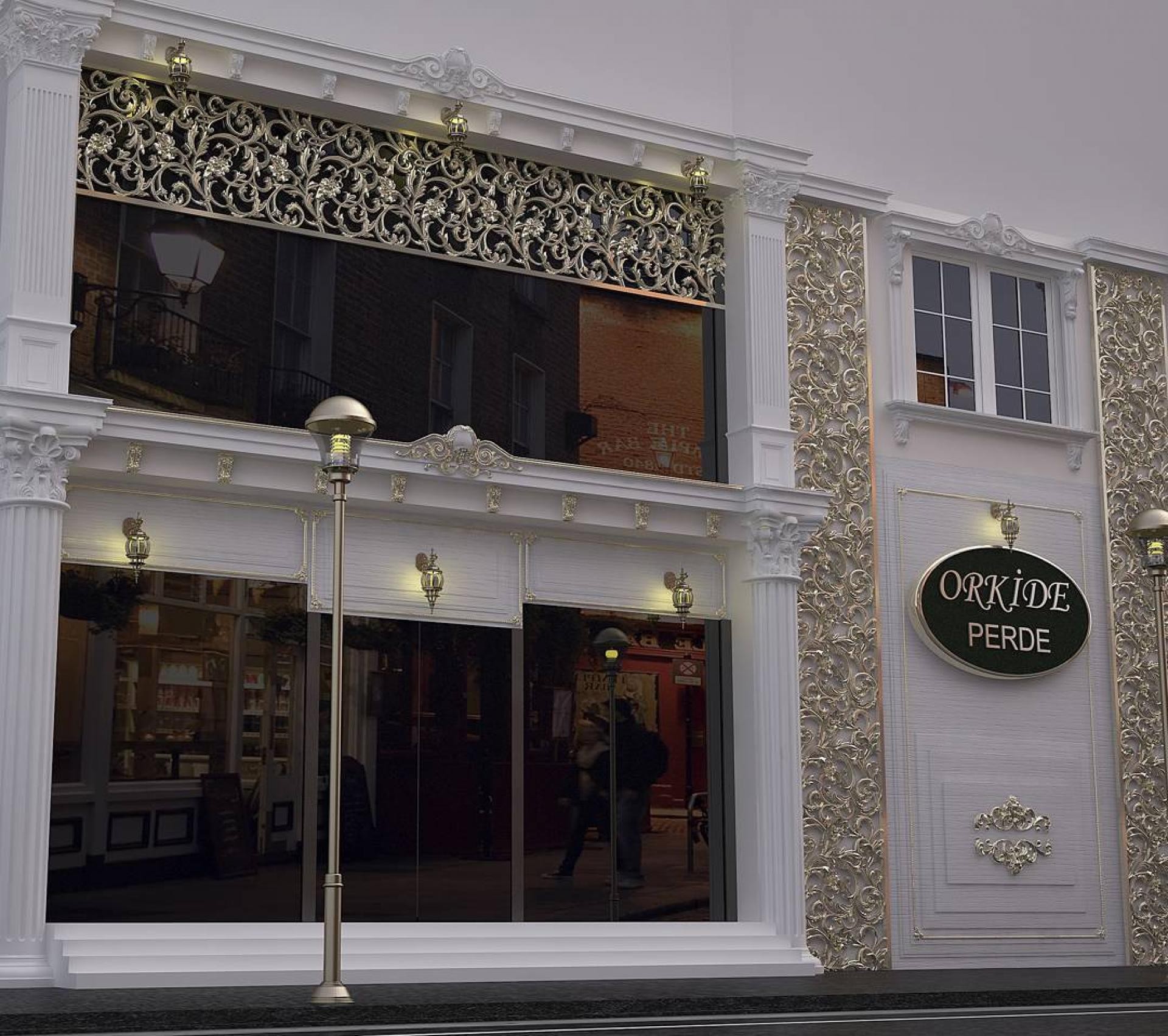 Fatada de magazin alba cu coloane, panou traforat si perete decorativ floral