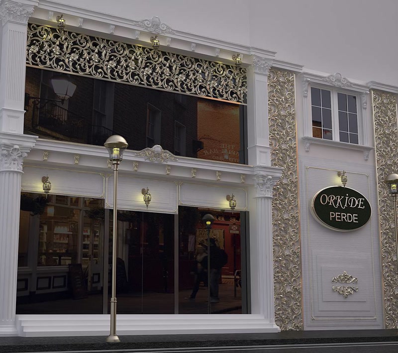 Fatada magazin cu coloane albe si panou traforat