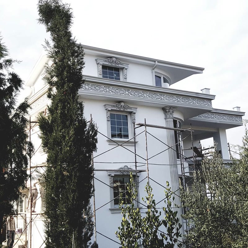 Fatada de vila alba cu ancadramente si brau sculptat