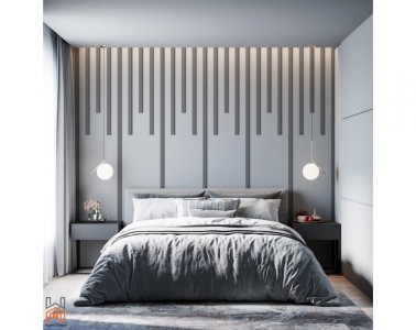 Modern Yatak Odasında Geometrik Duvar Paneli ve Raylı Çıta Tasarımı