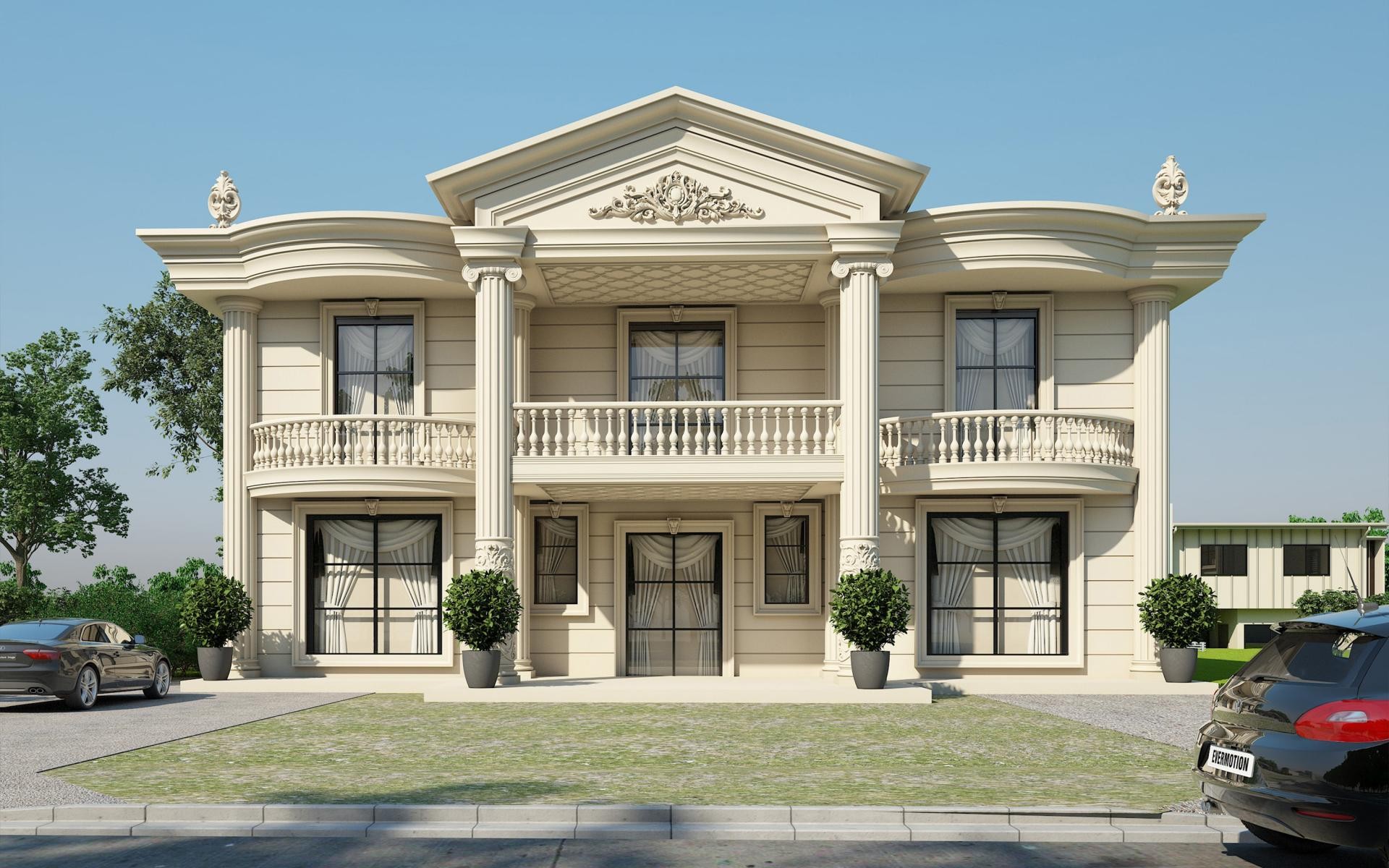 Fațadă neoclasică crem cu coloane, fronton și balcoane cu balustrade din poliuretan