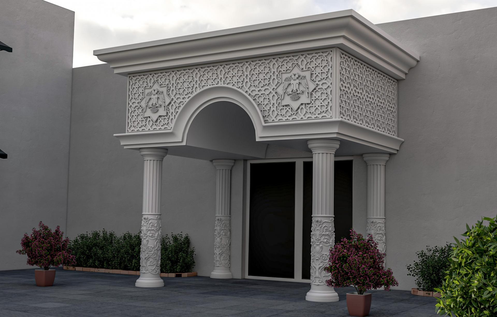 Portic gri cu panou traforat oriental, arc central si coloane ornamentate