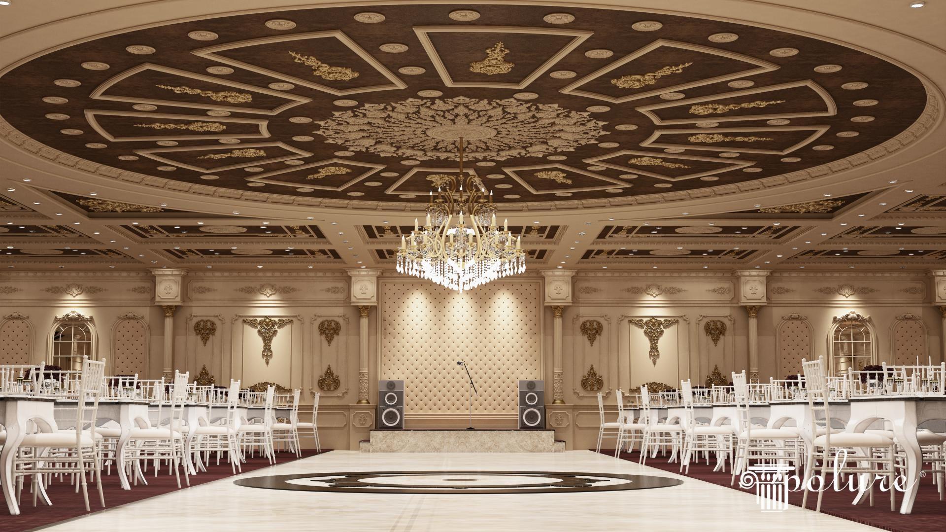 Sala de evenimente cu plafon circular aurit, candelabru de cristal si aplice decorative