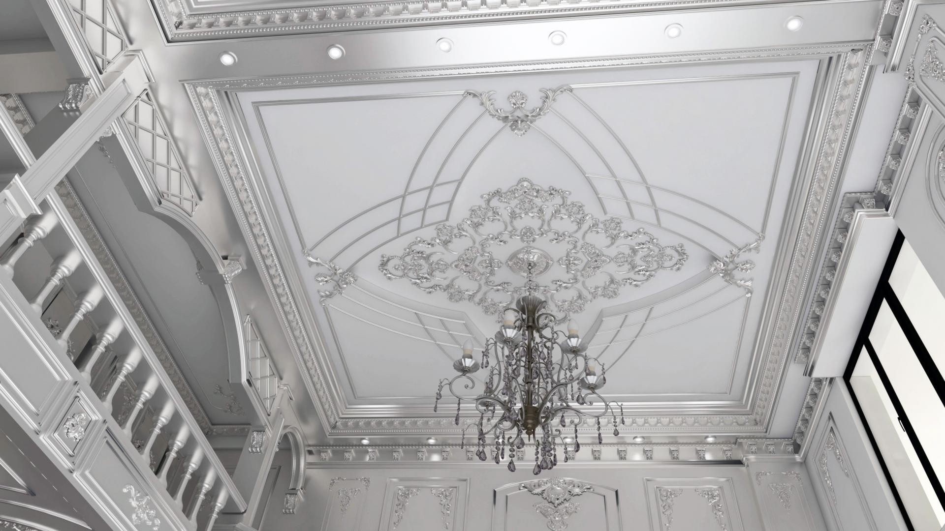 Detaliu de tavan clasic alb cu rozetă centrală florală și candelabru de cristal