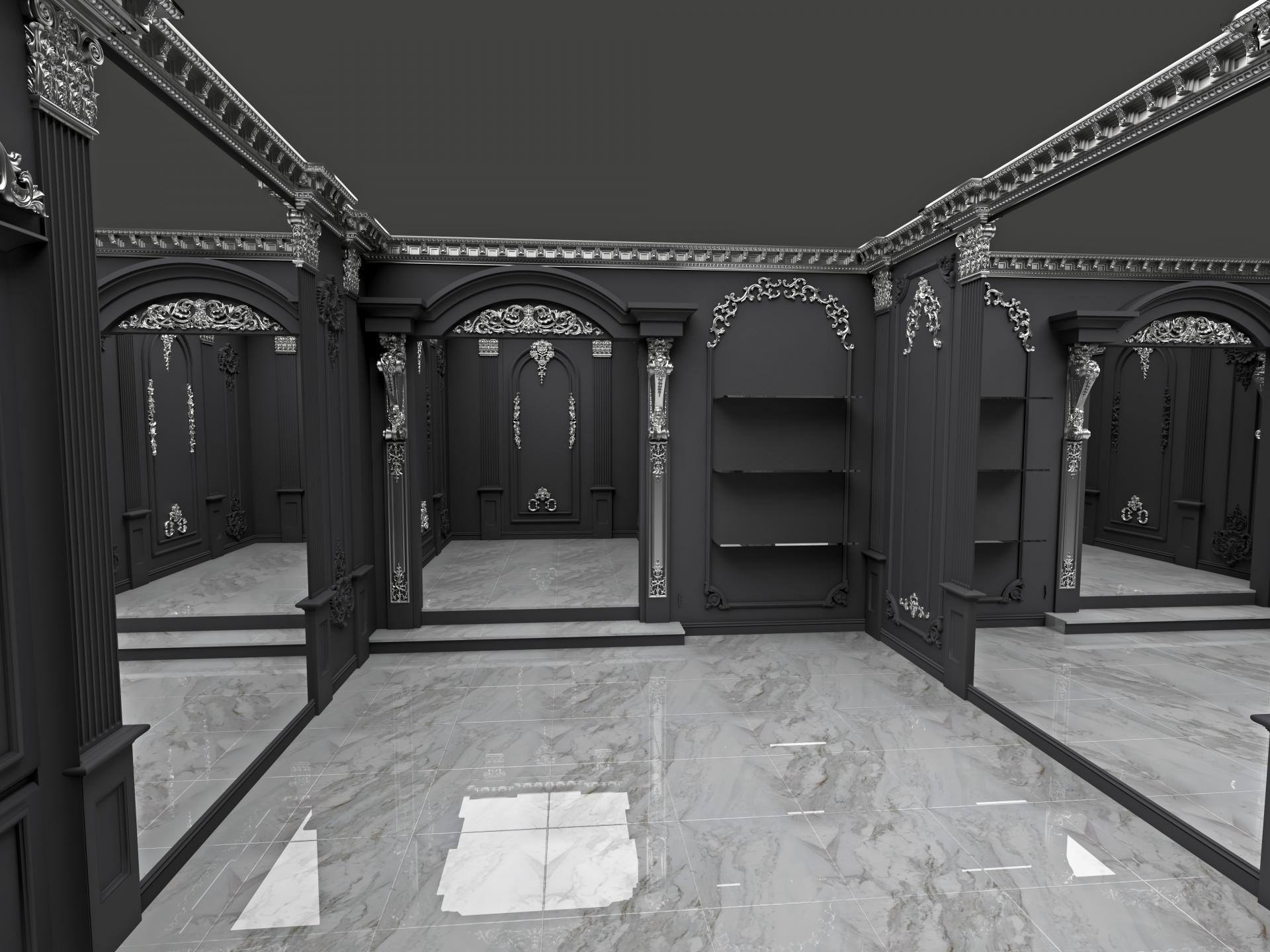 Cameră model gri cu arcade ornamentale, cornișe și coloane decorative din poliuretan