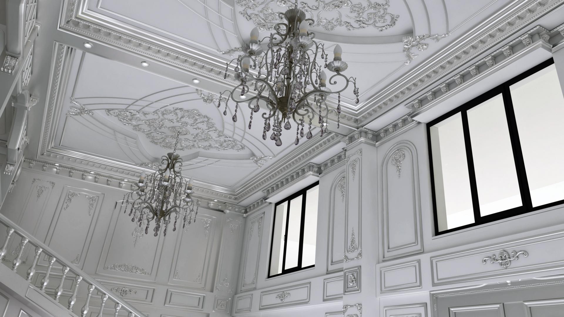 Interior clasic alb cu tavan ornamentat, rozete și candelabre din cristal