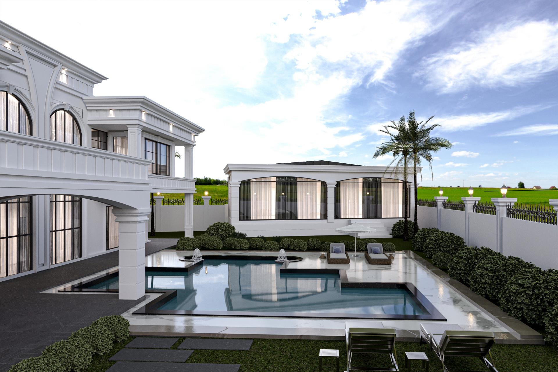 Vilă modern-clasică albă cu piscină, coloane și pavilion de grădină