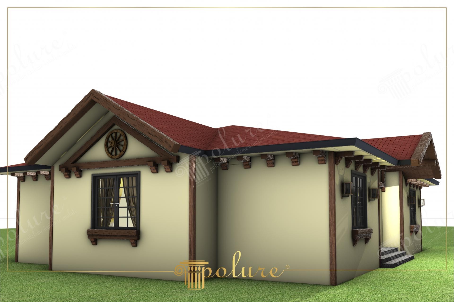 Vedere laterala casa rustica cu rozeta rotunda in fronton si console din poliuretan