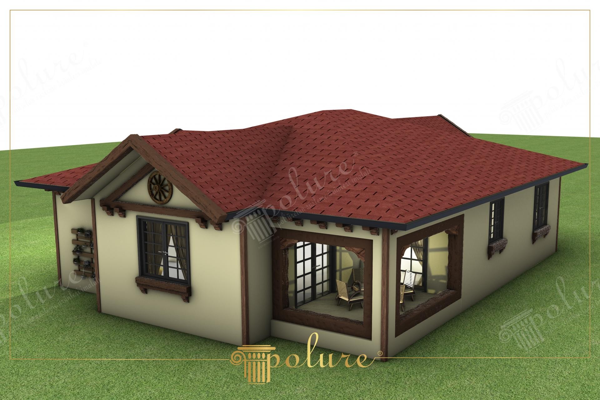 Vedere de ansamblu casa rustica cu terasa de colt, rozeta si console din poliuretan