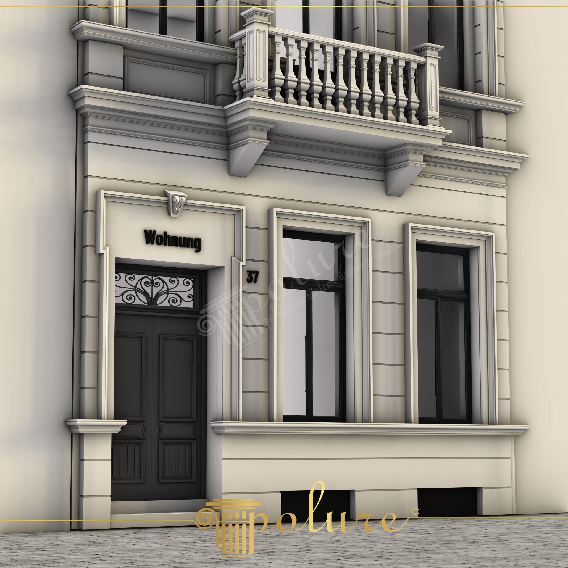 Intrare rezidentiala cu usa antracit, ancadrament si balcon cu balustrada