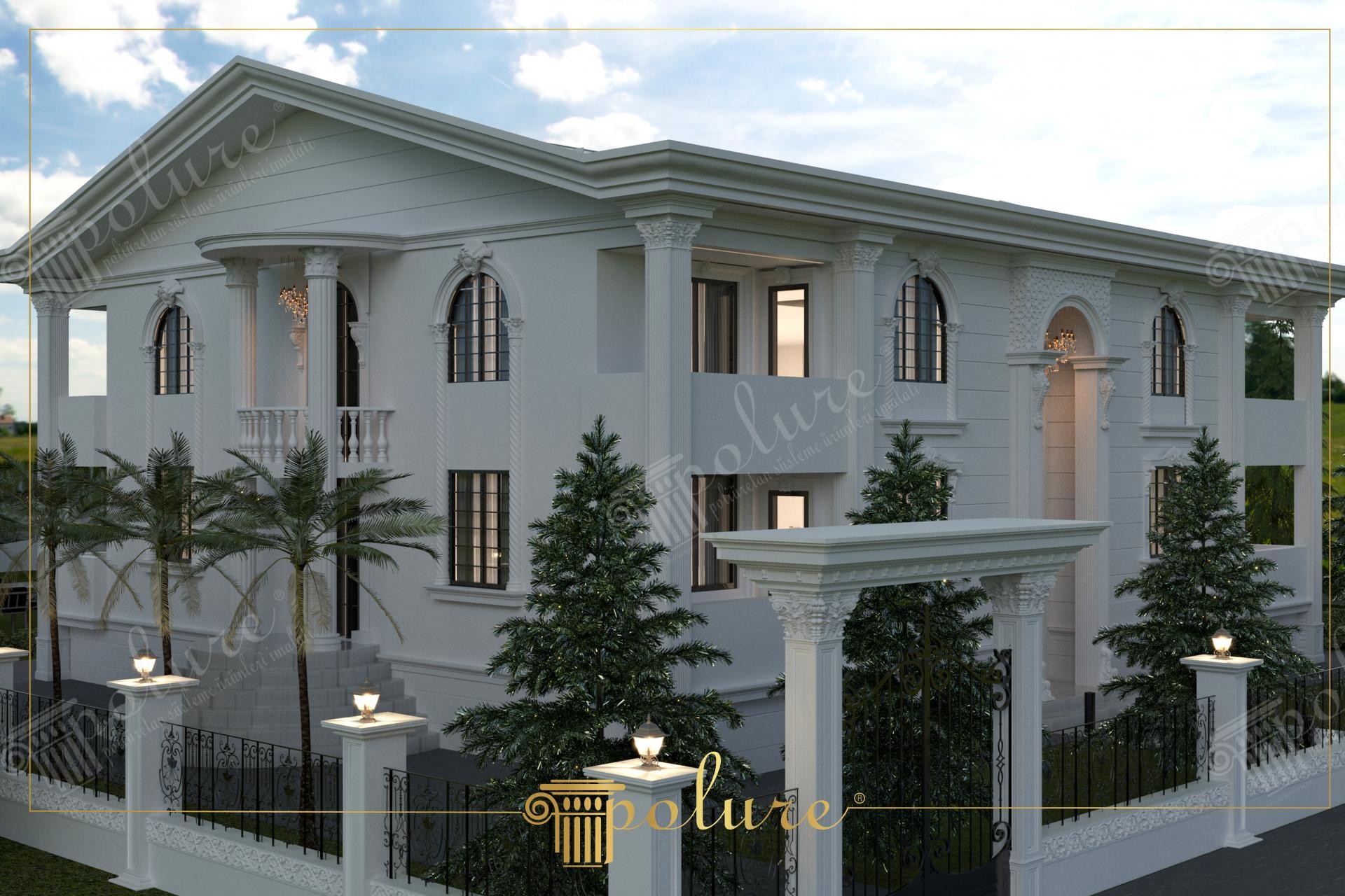 Vila clasica alba cu portic cu coloane, fronton si balcon cu balustrada