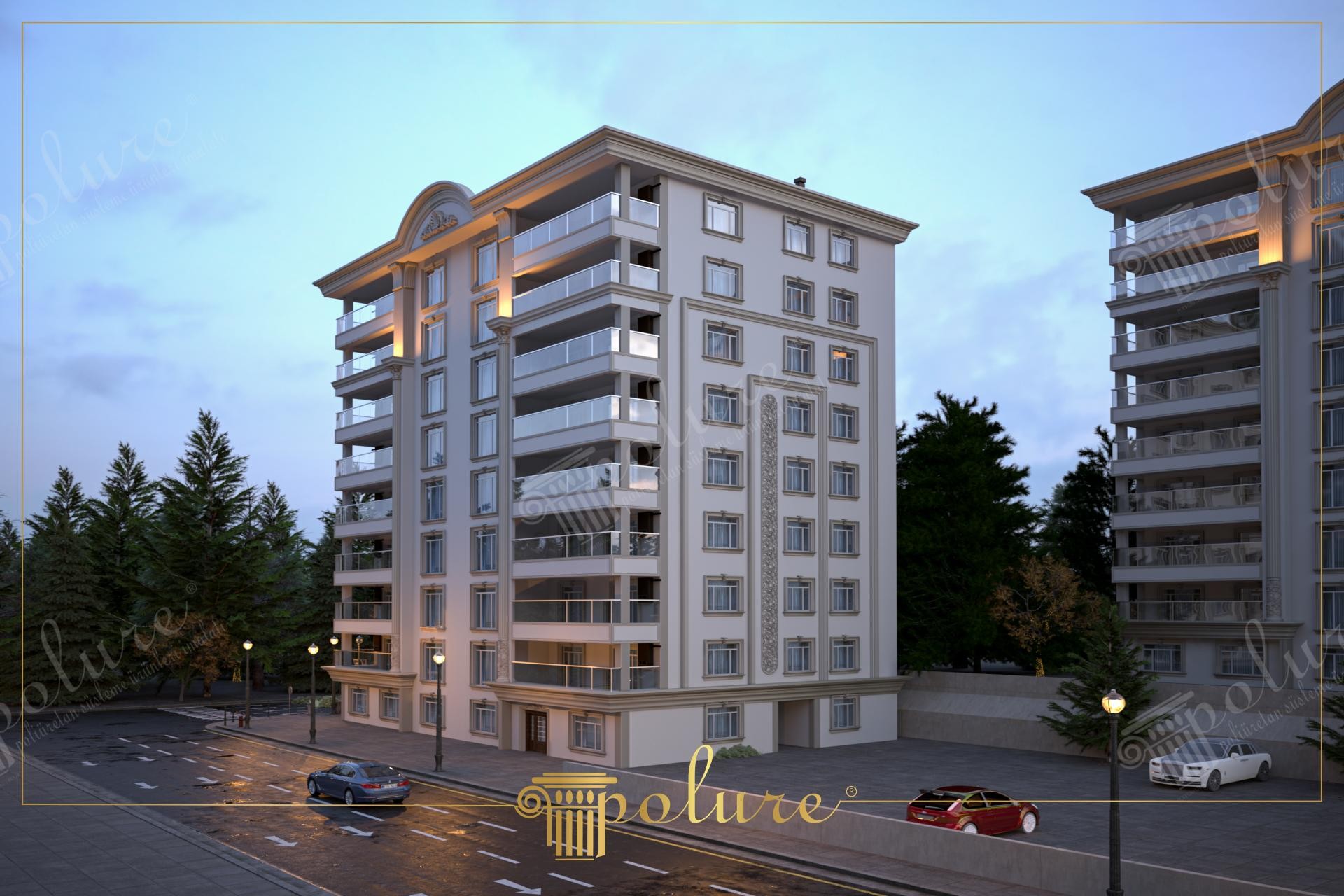 Bloc de locuinte crem cu fronton arcuit central, coloane la ultimul etaj si balcoane cu balustrade de sticla
