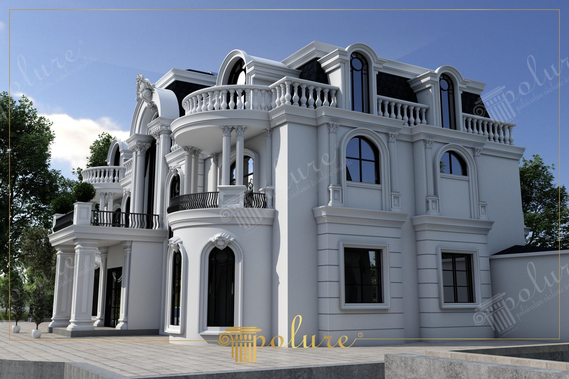 Vila alba pe trei niveluri cu turn rotunjit si balcon curb