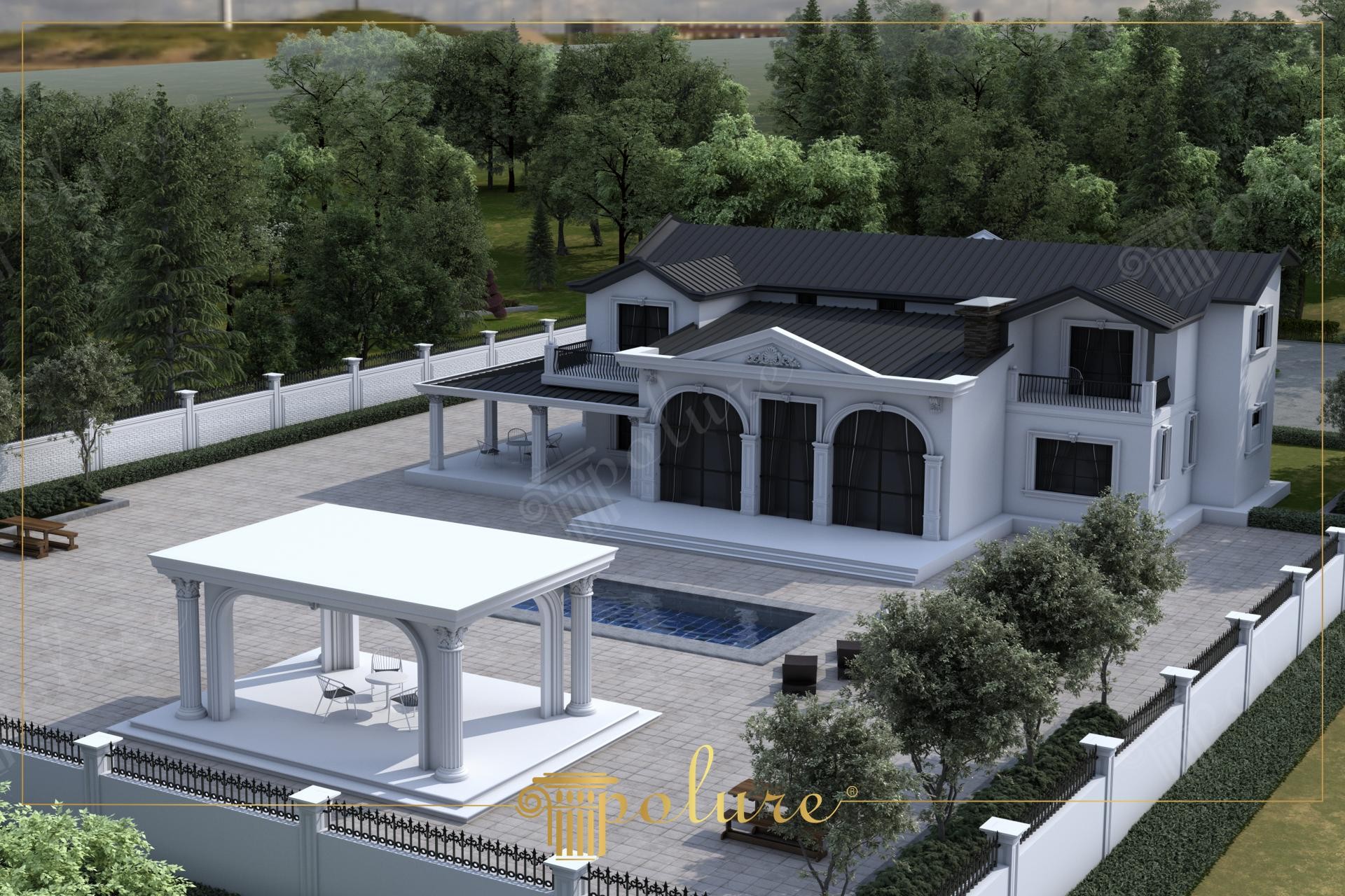 Vedere aeriana a unei vile cu fronton si pergola cu coloane din poliuretan