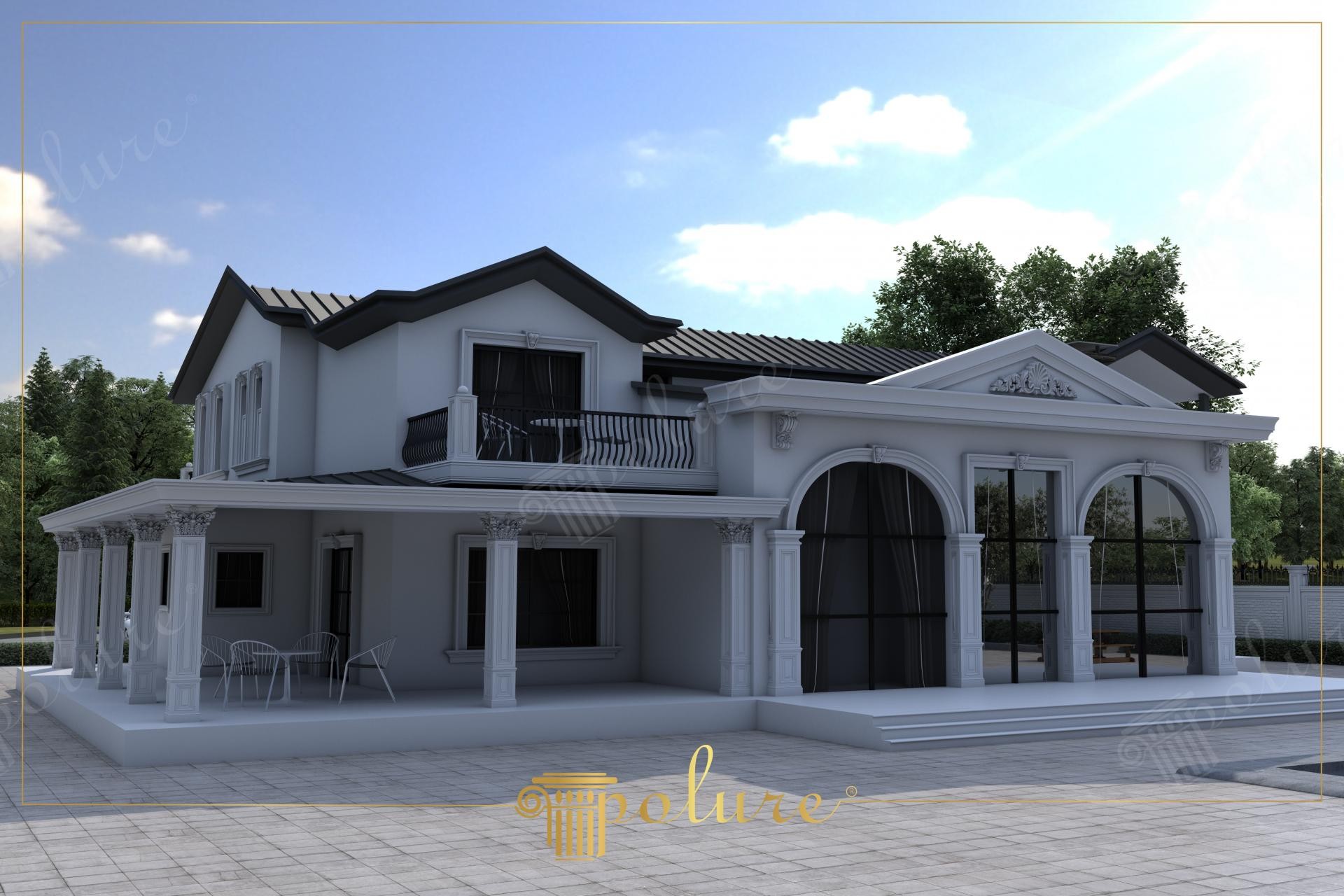 Resedinta gri modern-clasica cu terasa pe coloane si aripa cu ferestre arcuite si fronton