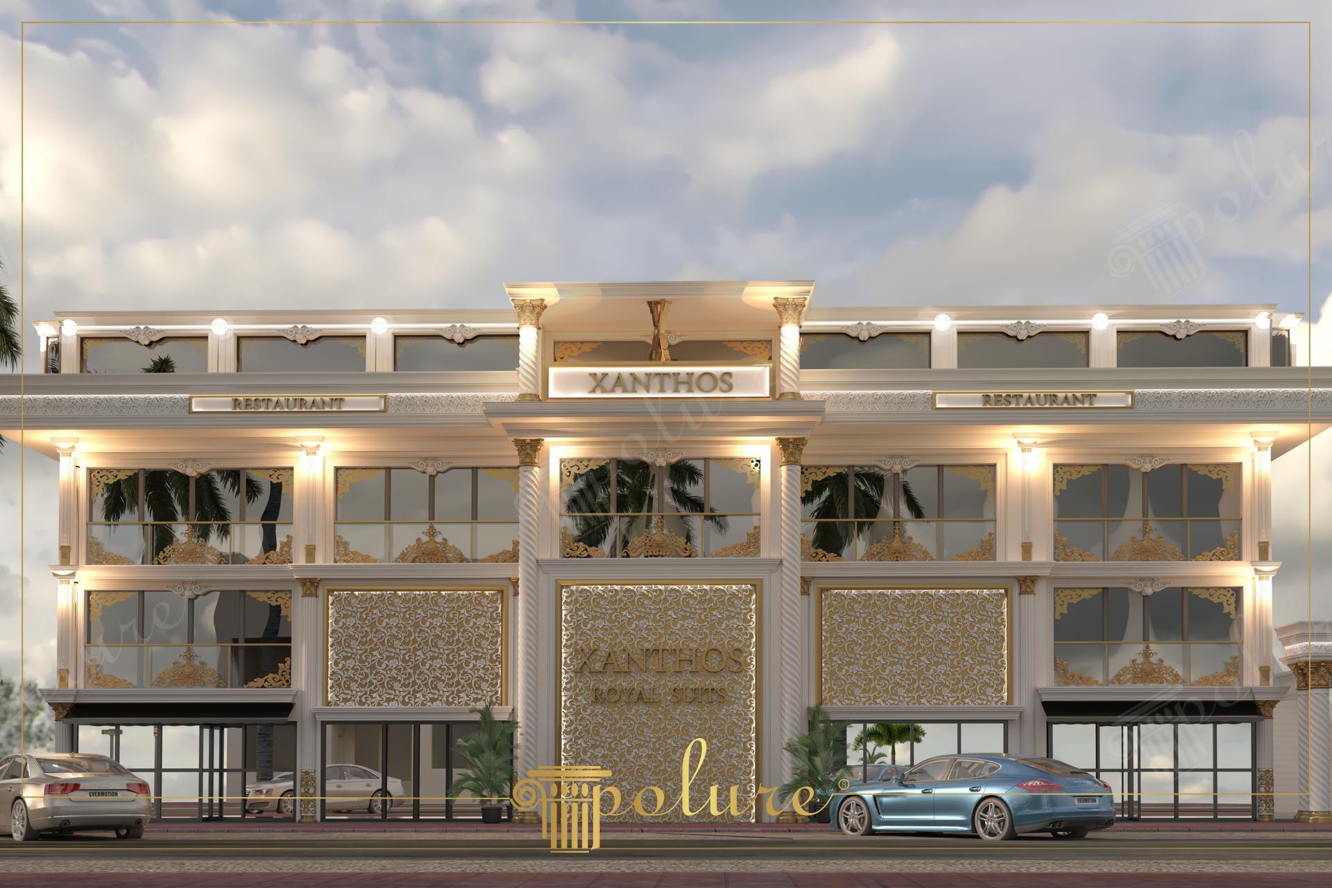 Fatada frontala simetrica a Xanthos Royal Suites cu coloane aurite, vitrine si panouri decorative