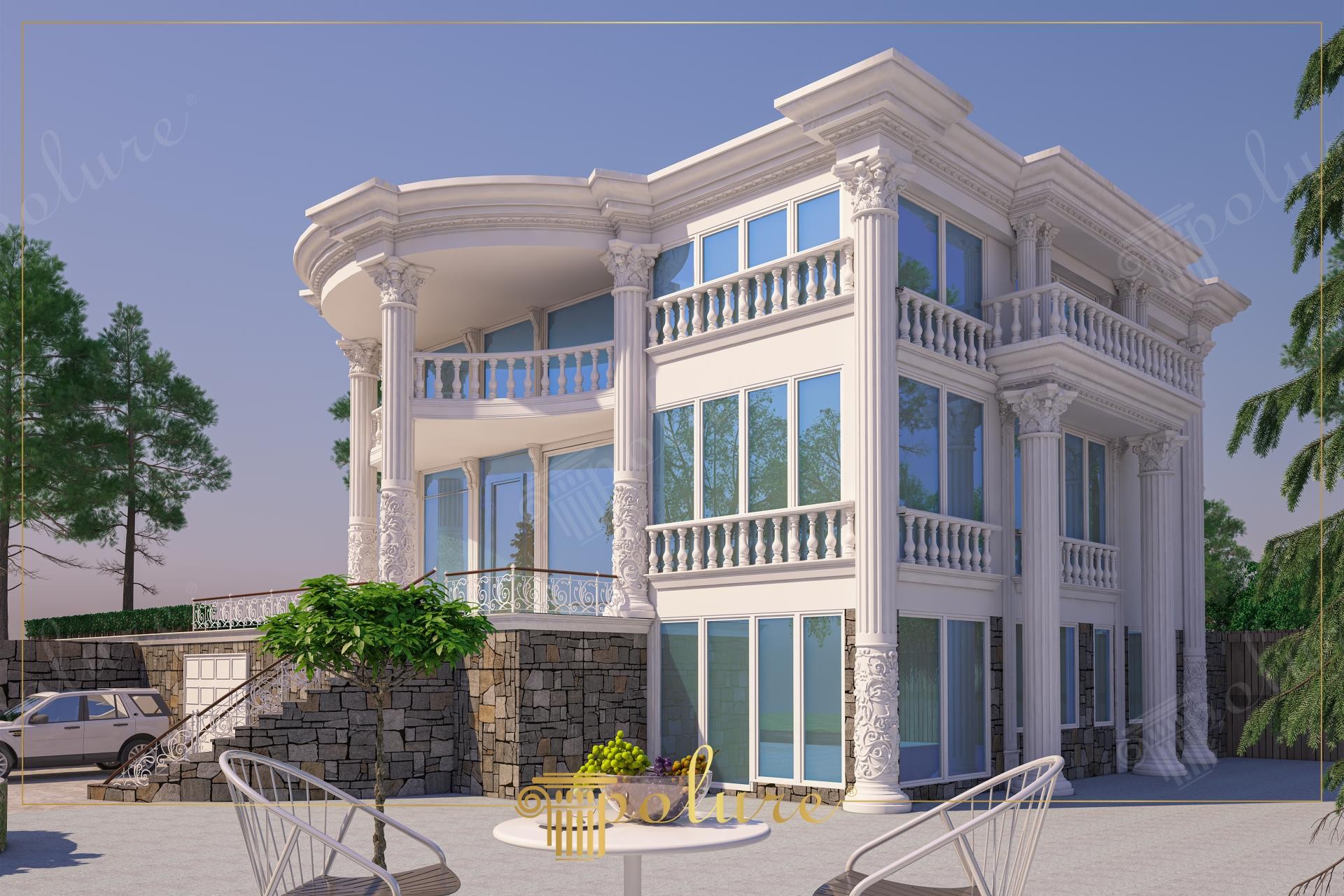 Fațadă de vilă neoclasică cu balcon curbat, coloane corintice și balustrade albe