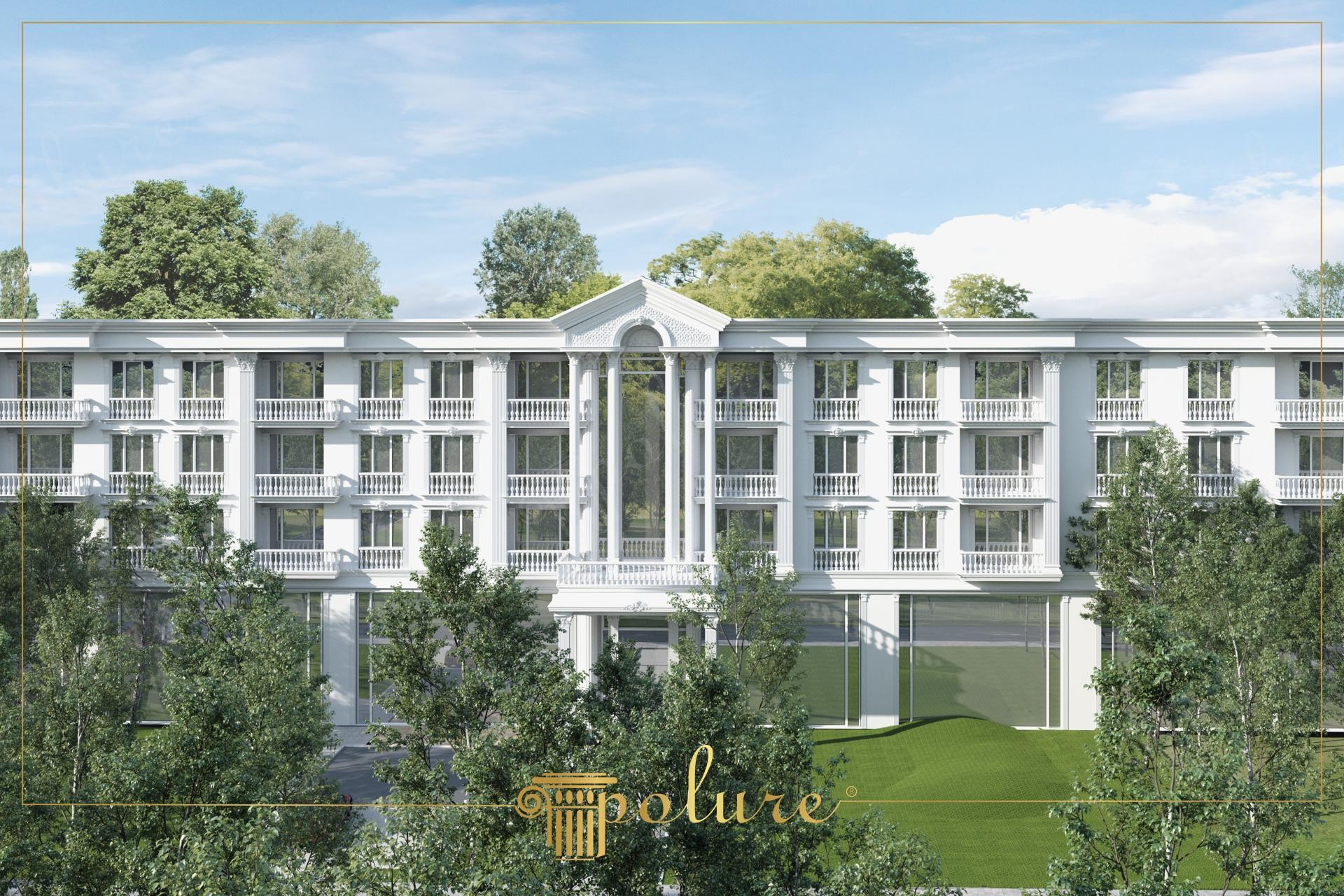 Fațadă lată de clădire albă cu portic central și fronton triunghiular