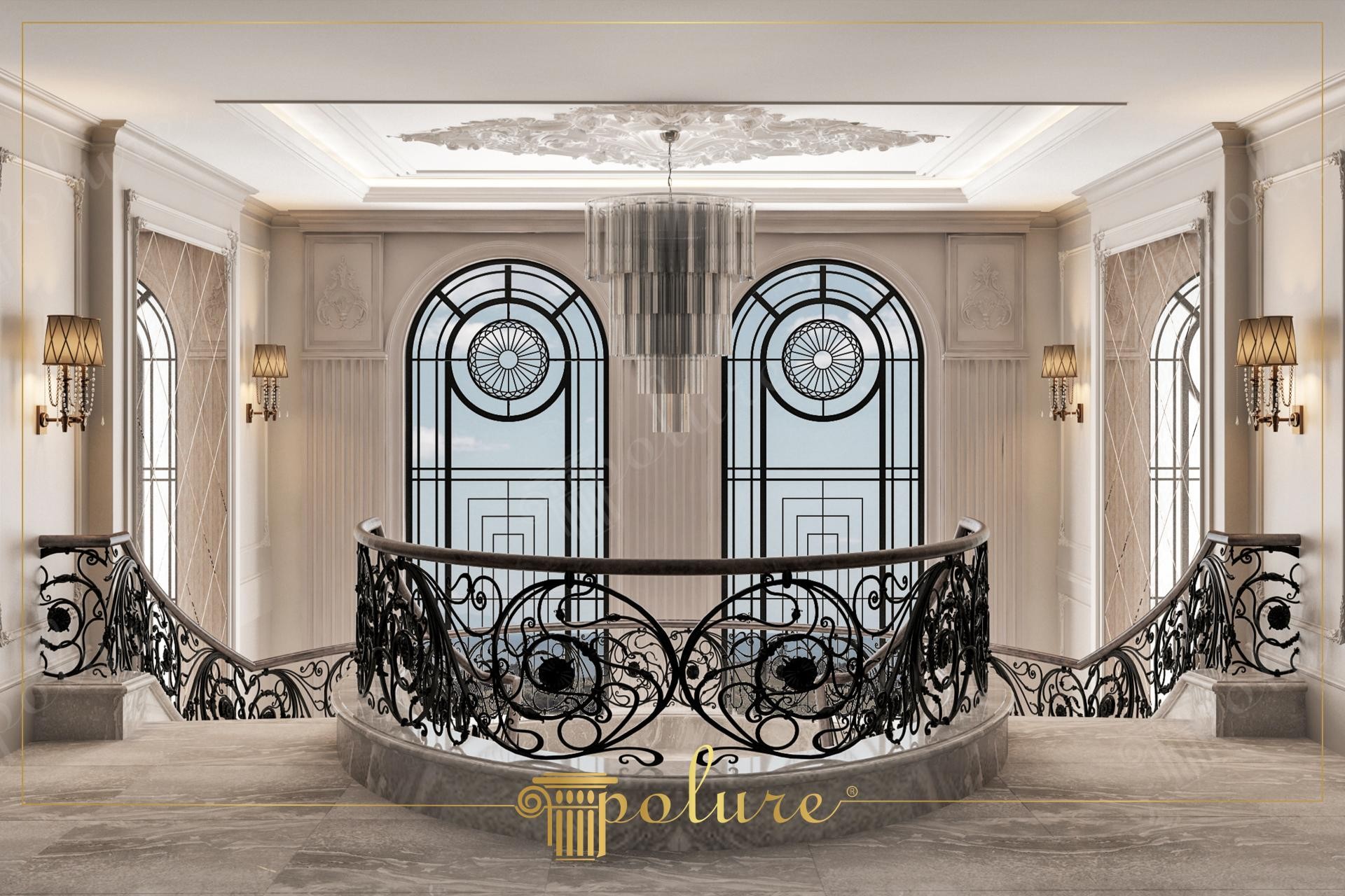 Hol interior elegant cu scară din fier forjat, ferestre arcuite și rozetă de tavan