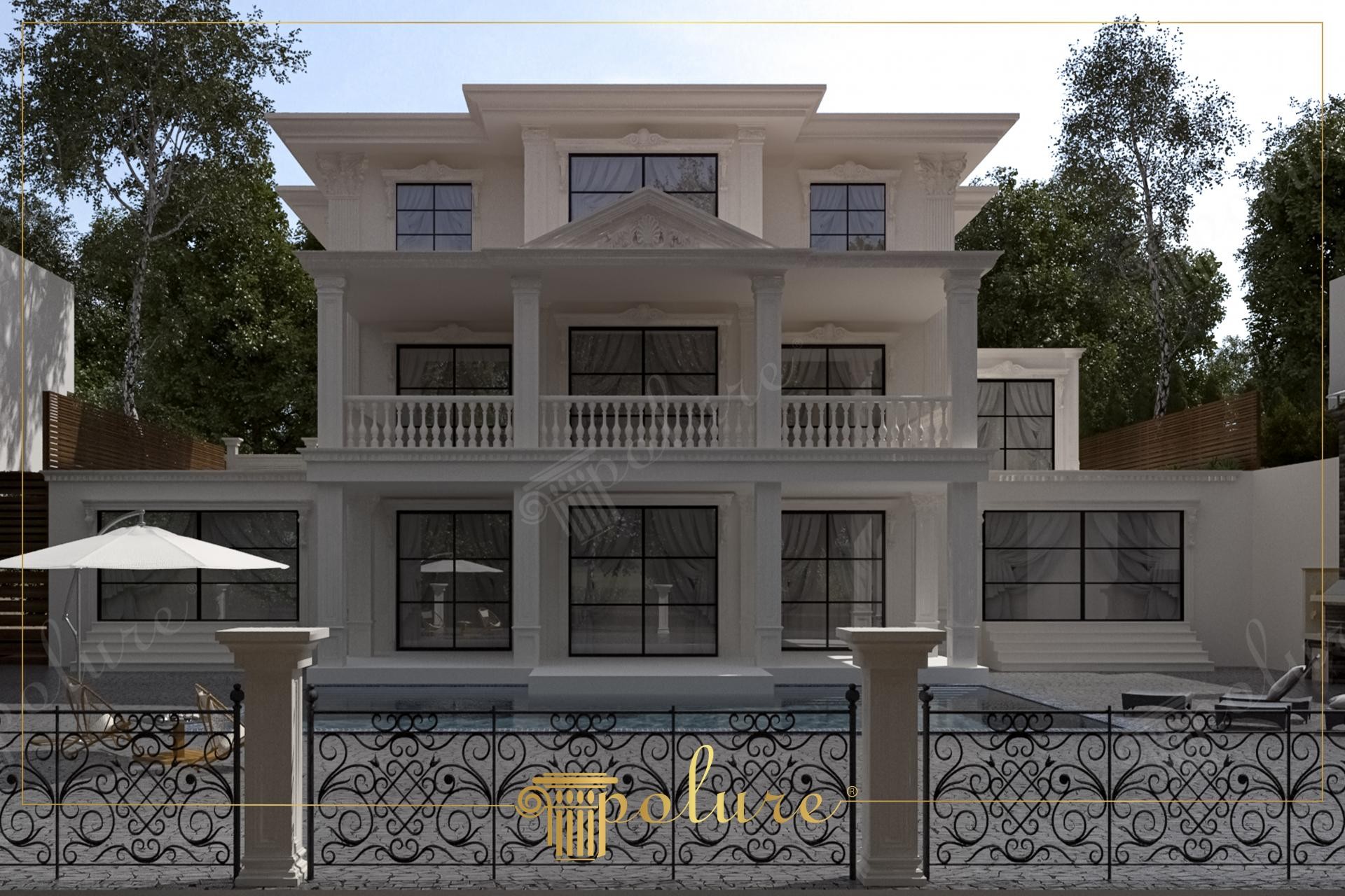 Fațadă simetrică de vilă albă cu piscină, fronton central și balcoane cu balustrade
