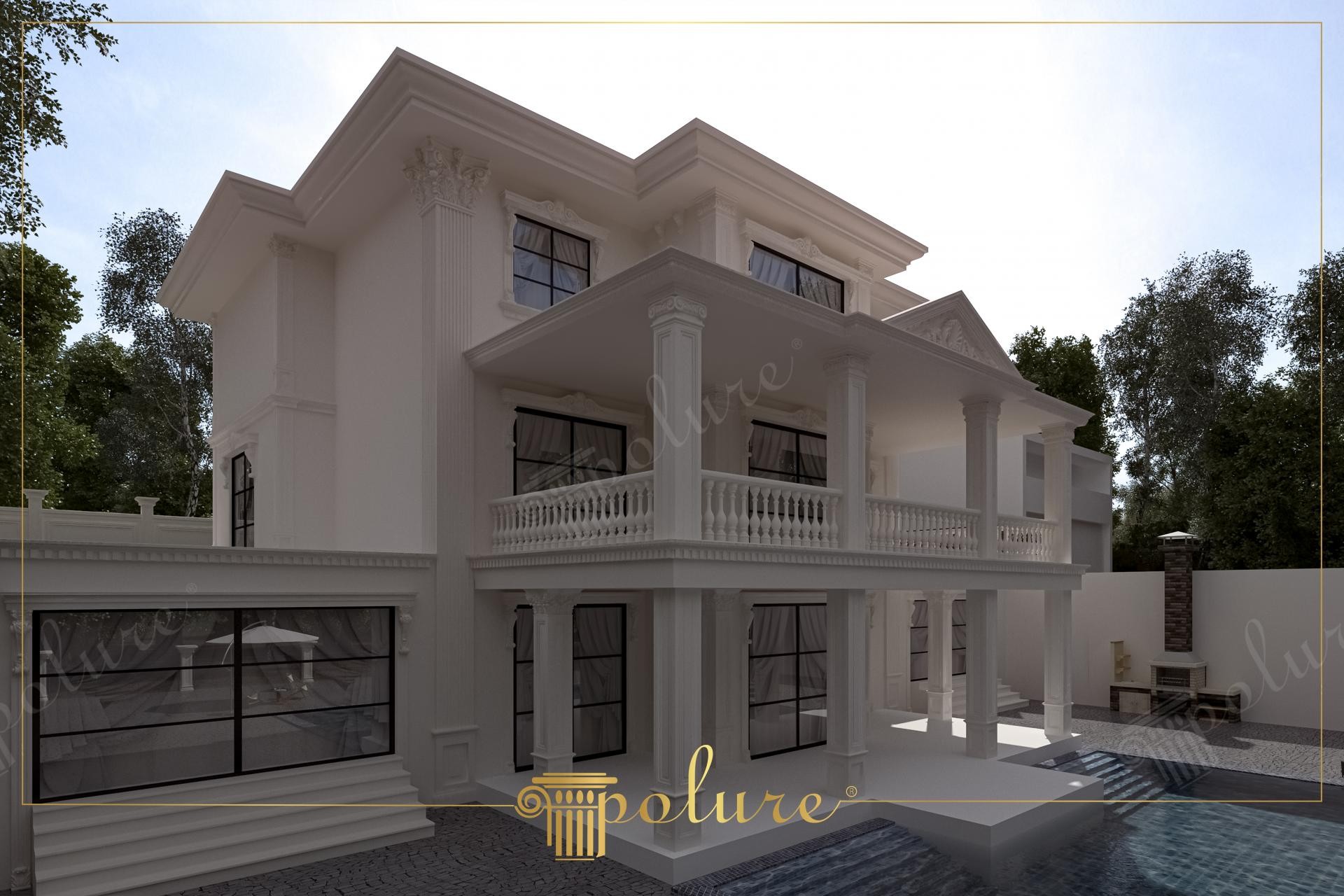 Vilă albă văzută lateral, cu pilaștri corintici de colț și balcon la etaj