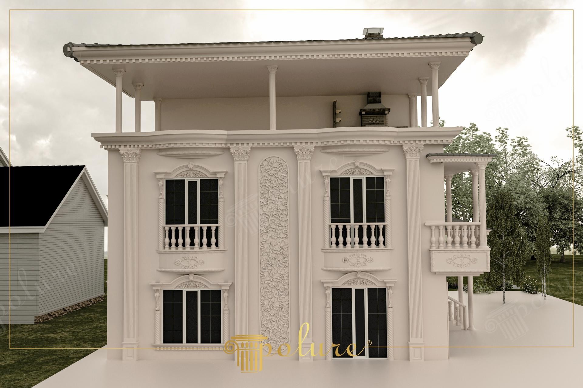 Fatada frontala de casa in crem-rozat cu panou vertical sculptat, coloane si ancadramente din poliuretan