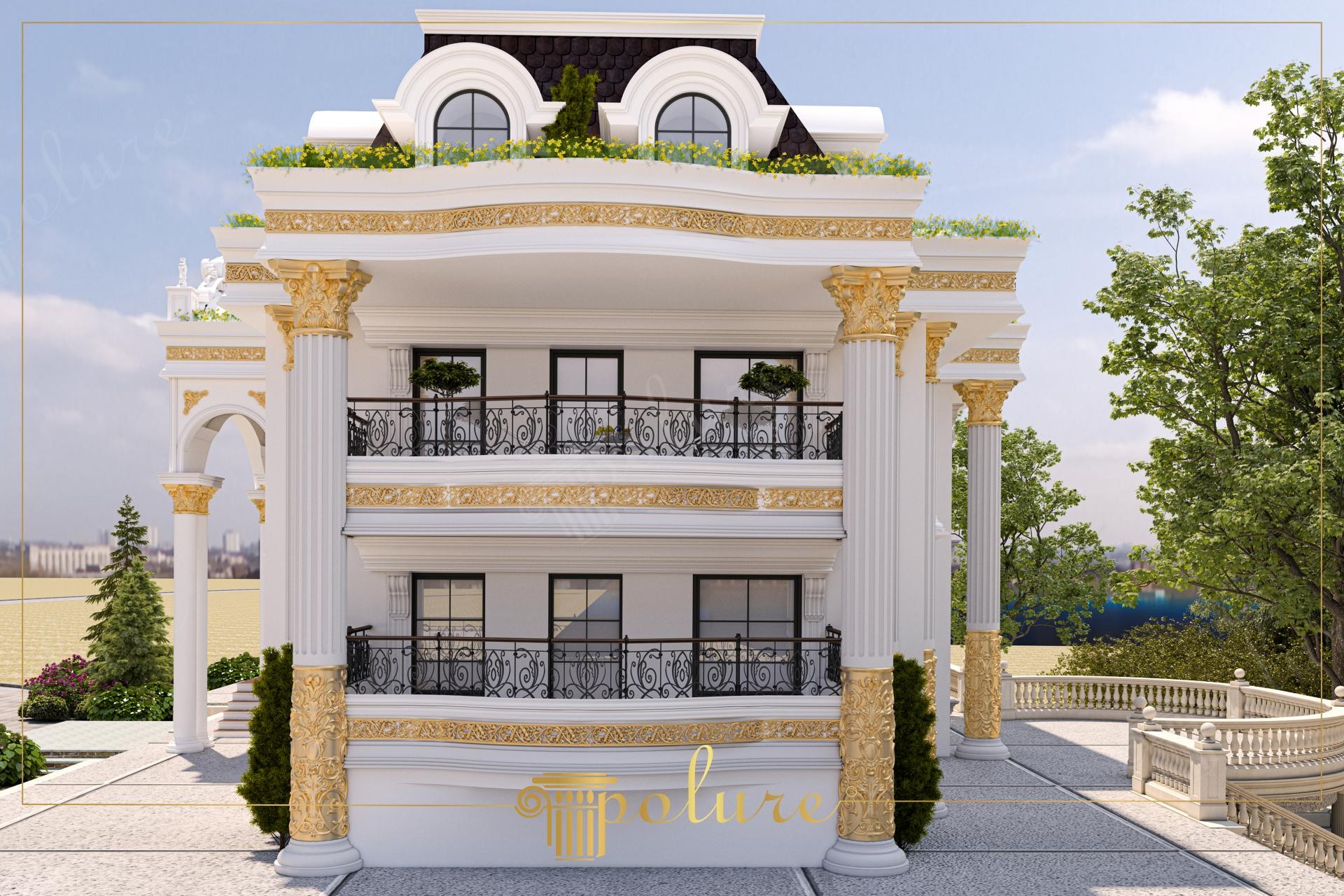 Fatada simetrica de vila alba cu aur, coloane corintice, brauri decorative si balcoane cu fier forjat din poliuretan