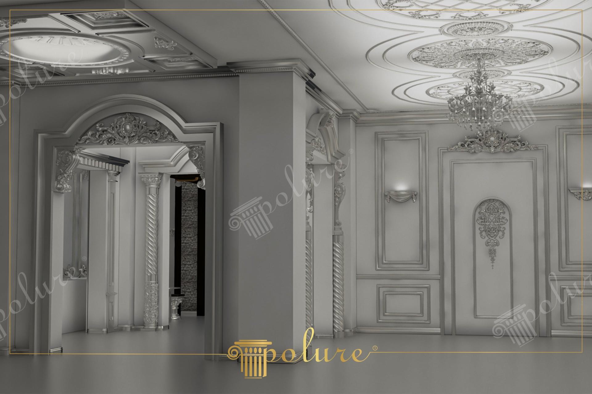 Interior de hol in randare gri fara texturi, cu rozete de tavan, candelabru, boiserie si arcada pe coloane din poliuretan