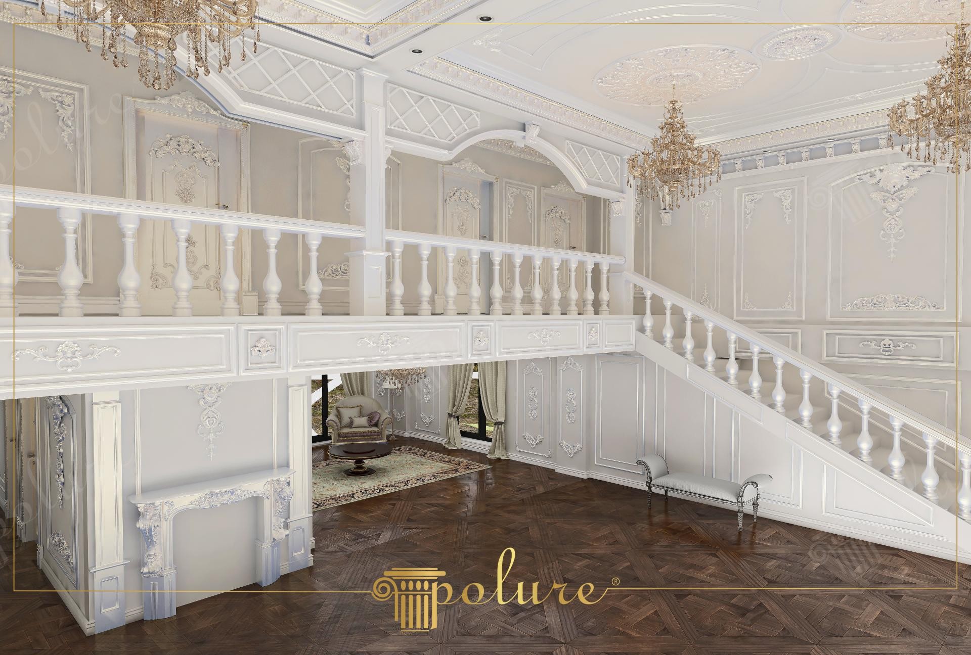 Hol interior alb pe dublă înălțime cu scară, balustradă torsionată și semineu din poliuretan
