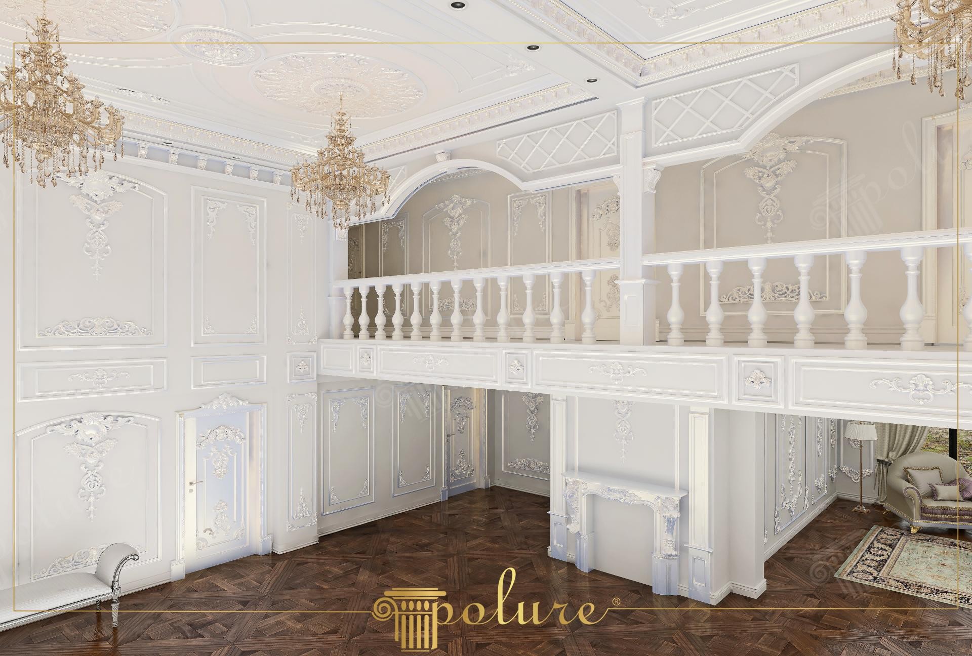 Interior alb pe dublă înălțime cu balustradă, semineu și panouri de perete din poliuretan