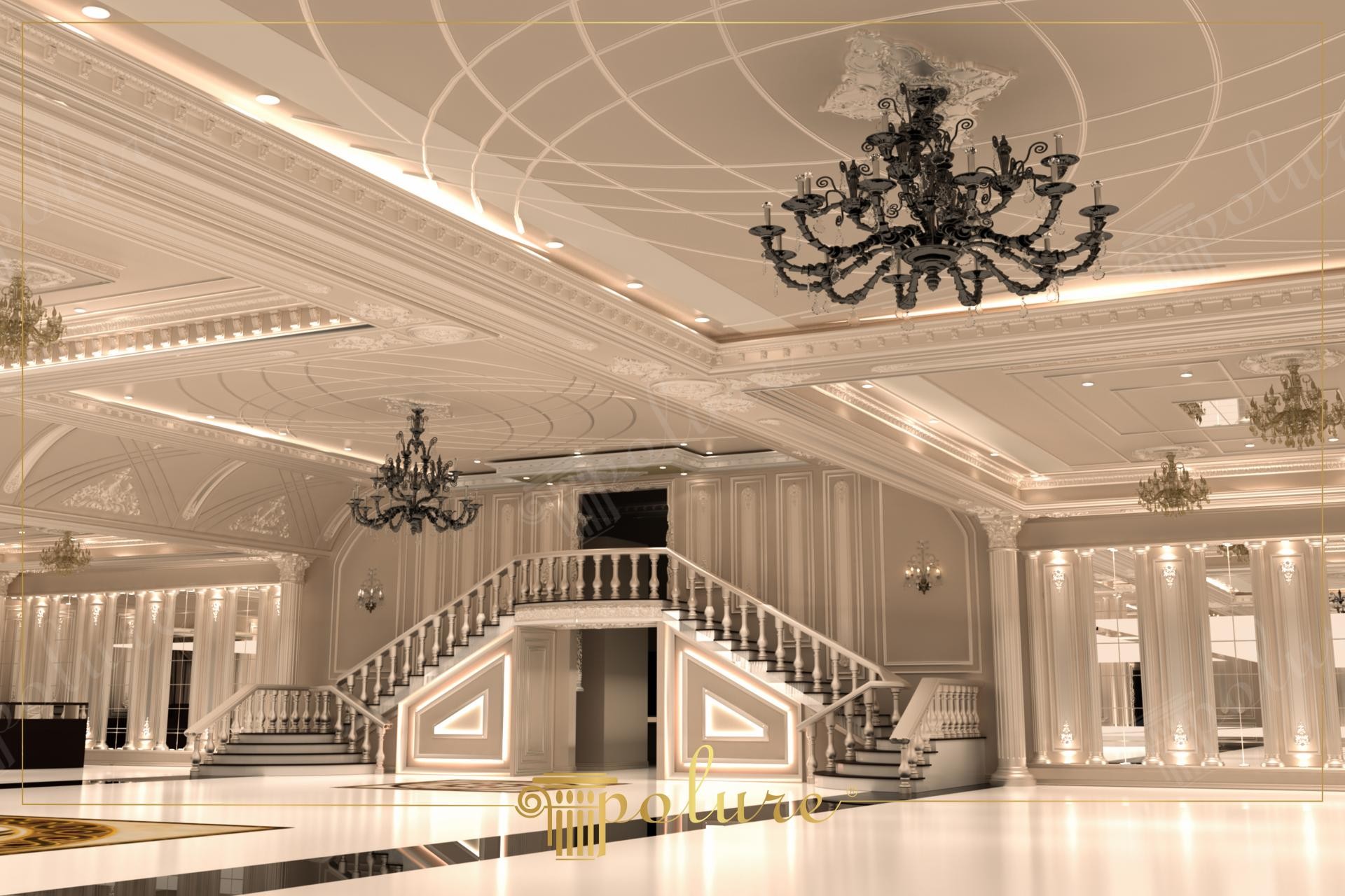 Hol interior amplu cu scara dubla, coloane si balustrade din poliuretan