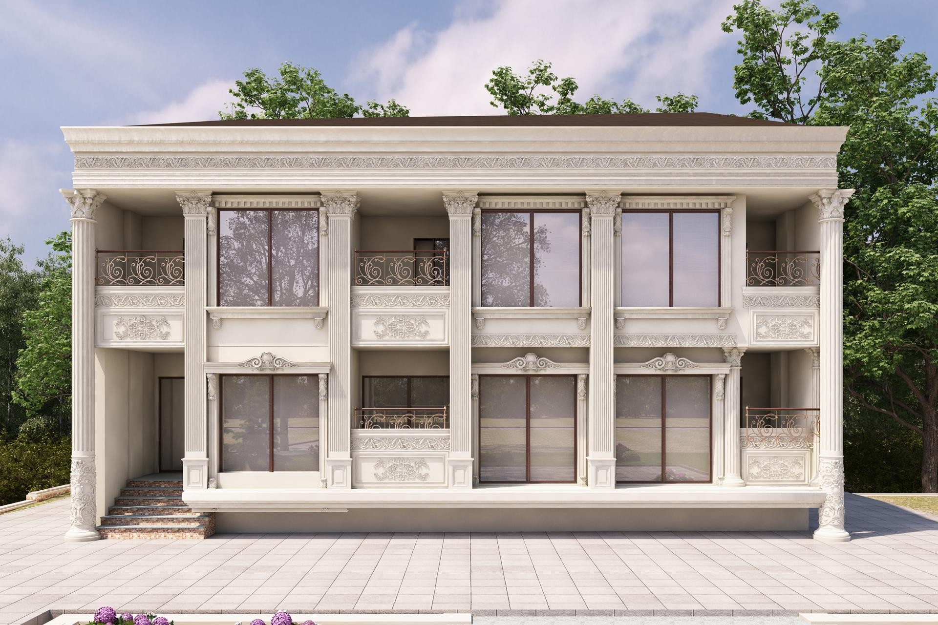 Fatada de vila pe doua niveluri cu coloane, ancadramente si panouri decorative din poliuretan