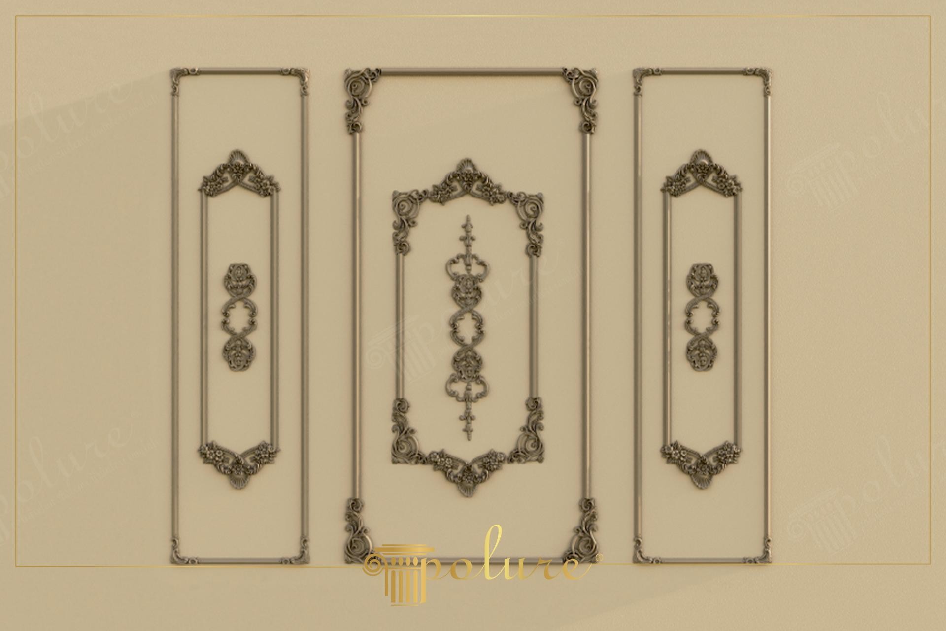Perete crem cu trei panouri și aplice decorative în relief bronz din poliuretan