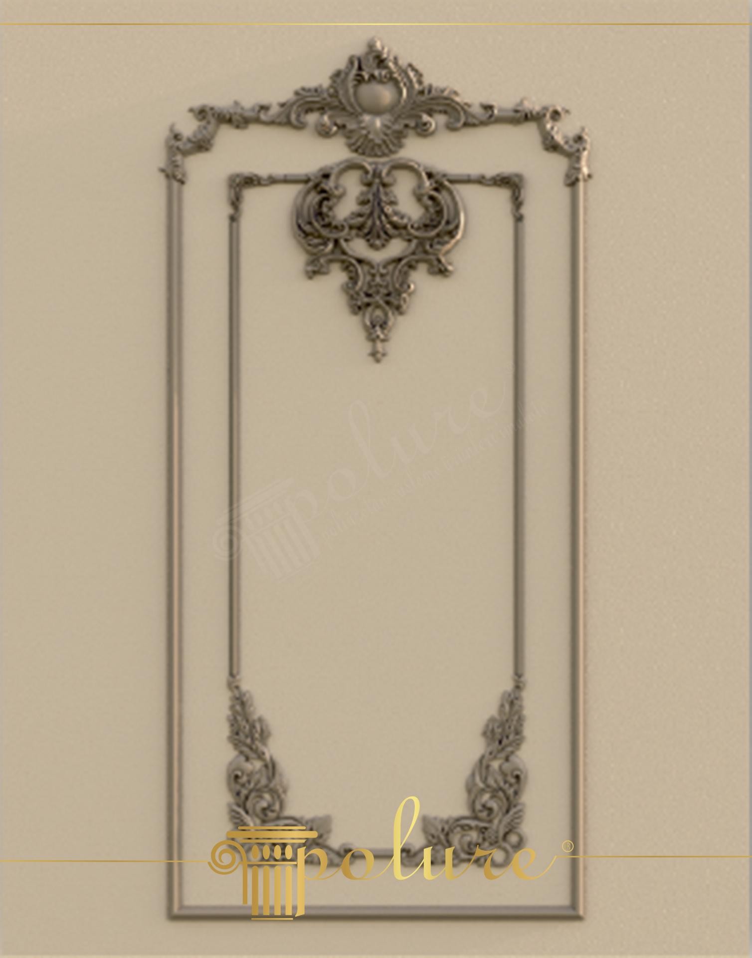 Panou decorativ vertical din poliuretan cu creastă baroc și ornamente de colț pe fond bej