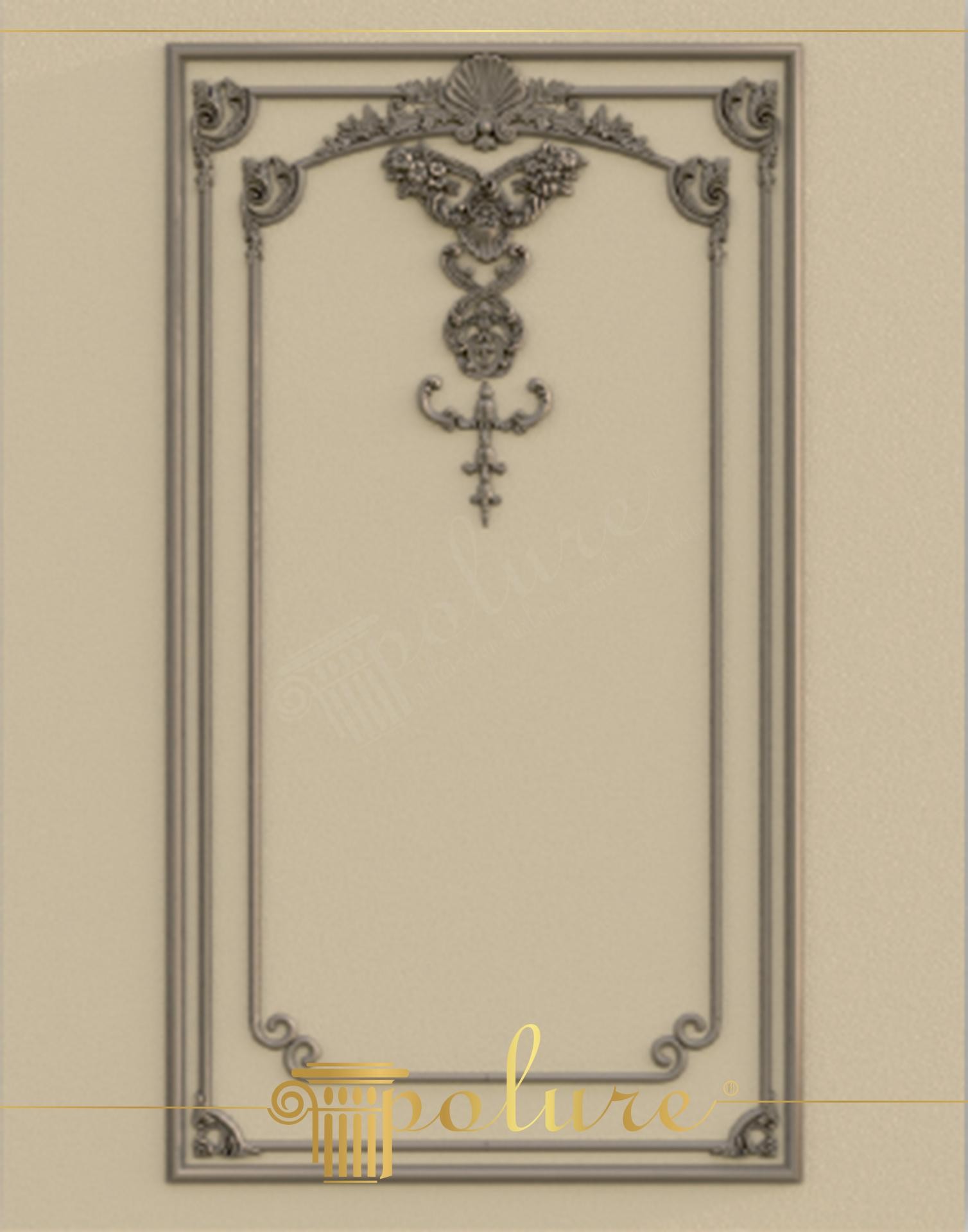 Panou decorativ vertical din poliuretan cu creastă în formă de scoică și volute pe fond bej