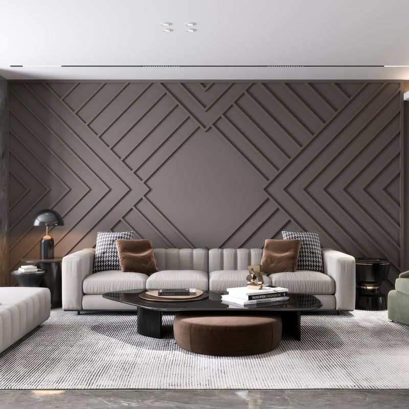 Living modern cu panou 3D geometric pe perete