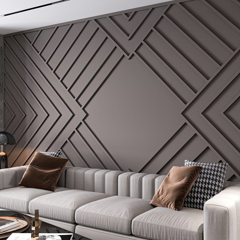 Perete living cu decor geometric din poliuretan în nuanță taupe