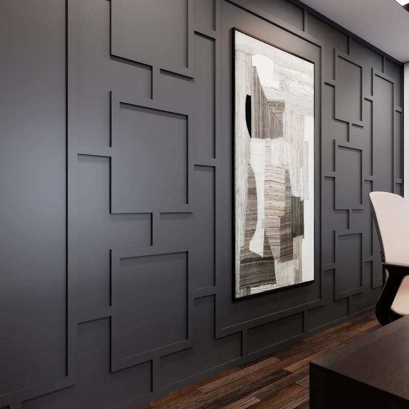 Perete gri închis cu casete geometrice suprapuse din poliuretan și tablou abstract vertical