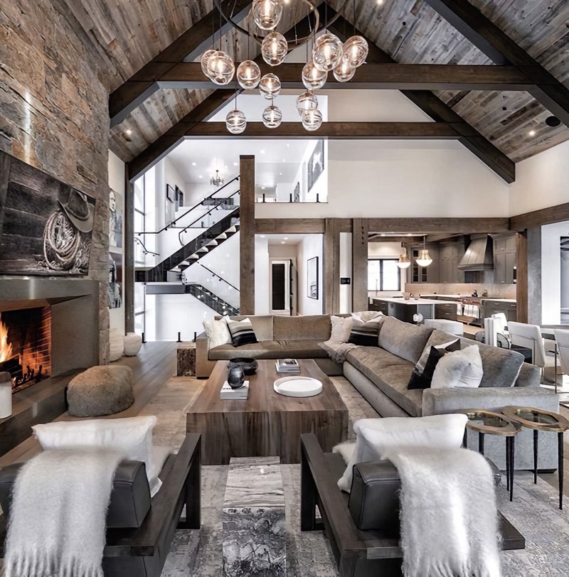 Living montan cu grinzi decorative din poliuretan aparente