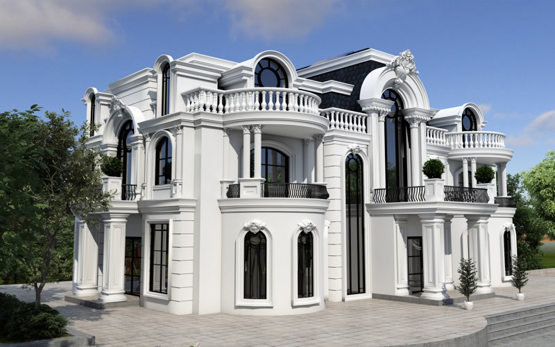 Fațadă barocă albă cu balcoane curbe, balustrade și ancadramente arcuite din poliuretan