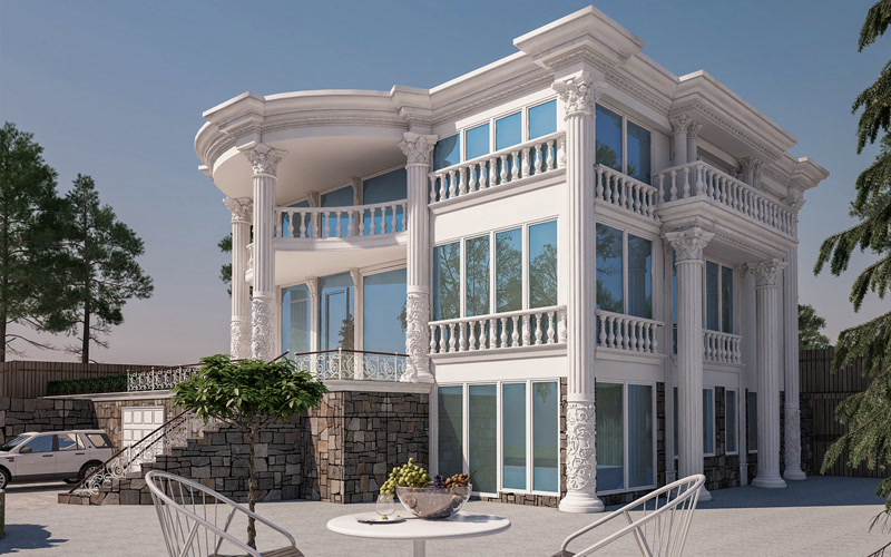 Fațadă clasică cu coloane corintice înalte și balcon curbat cu balustradă din poliuretan