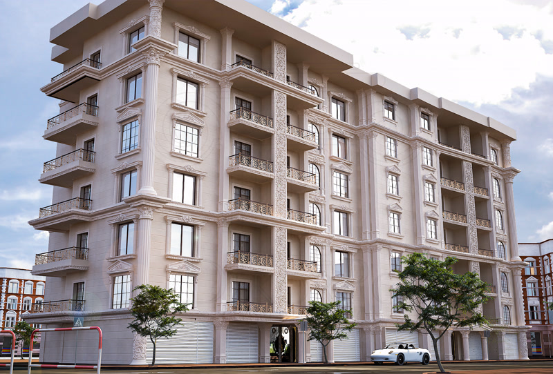 Fațadă de bloc neoclasic alb cu coloane, ancadramente de ferestre și balcoane cu balustrade