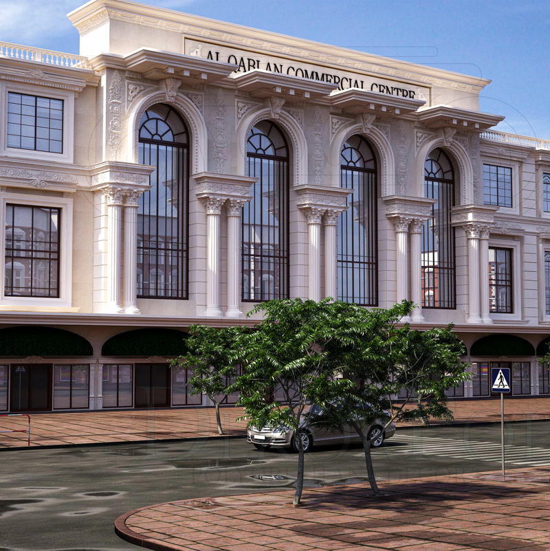 Fațadă de centru comercial clasic cu ferestre arcuite mari, coloane și cornișă continuă