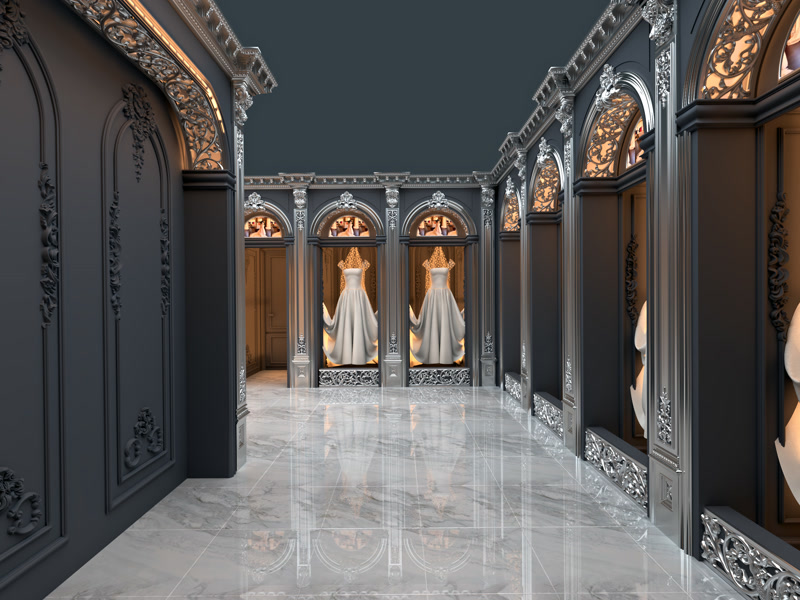 Showroom de rochii de mireasă cu nișe arcuite argintii pe pereți antracit