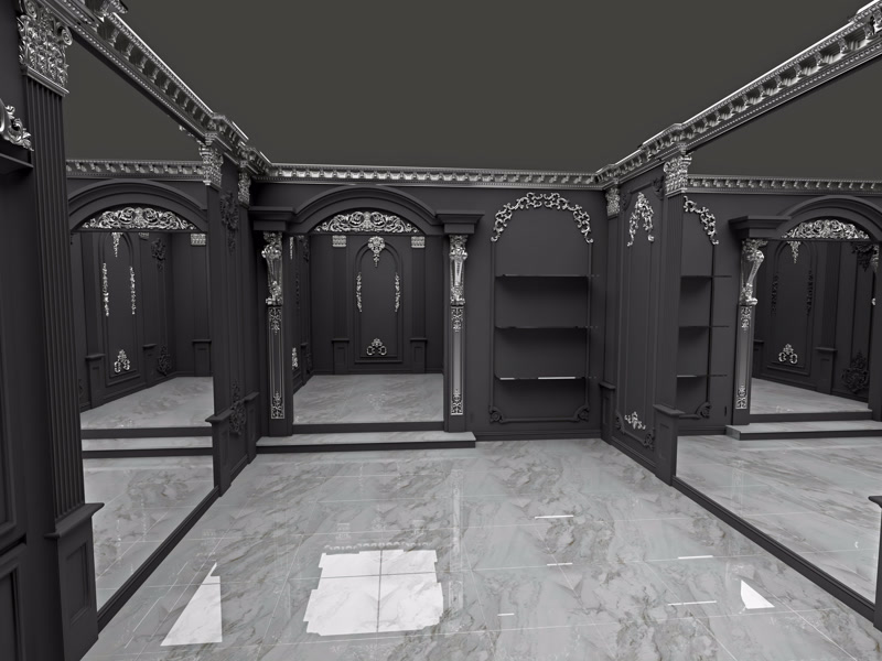 Cameră model gri cu arcade ornamentale, cornișe și coloane decorative din poliuretan