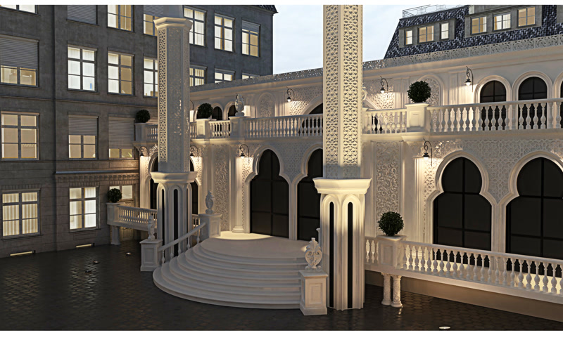 Fațadă cu arcade orientale și coloane decorative din poliuretan