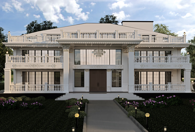 Fațadă de vilă clasică cu coloane și balustrade din poliuretan