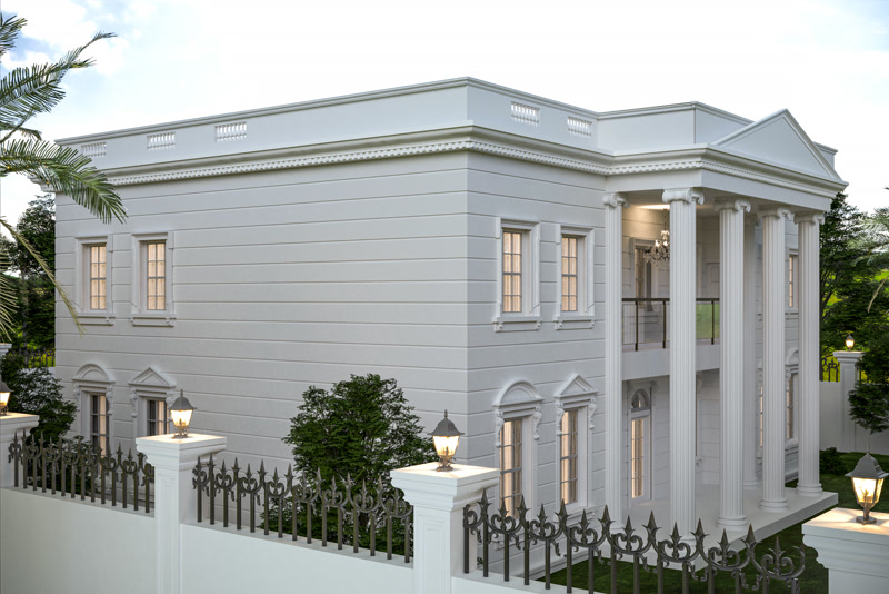 Vilă neoclasică cu portic și fronton la colț de stradă