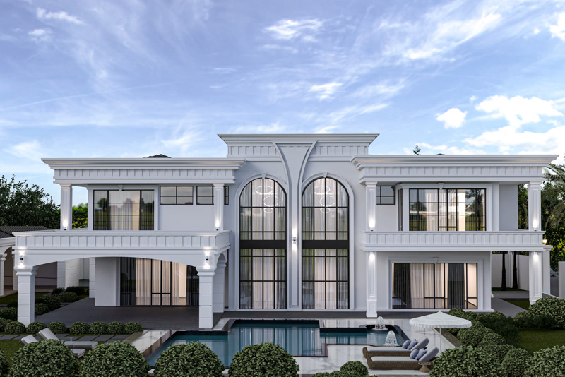 Fațadă modern-clasică cu ferestre arcuite înalte și piscină